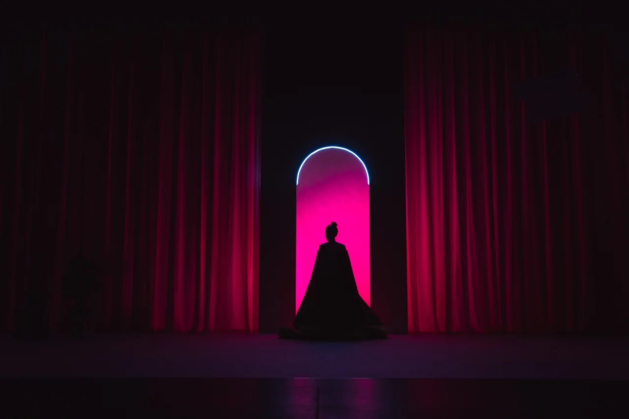 Silueta ante una puerta iluminada en rosa en un escenario oscuro — Arreglos Florales, Corporación Morritos